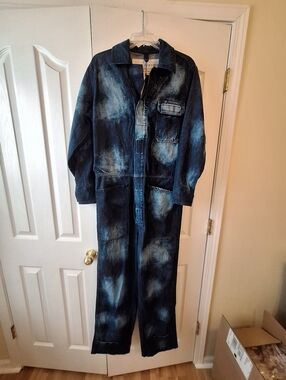 Oak & Acorn Distressed Indigo Denim Coveralls - Blue Tie-Dye Effect NWT